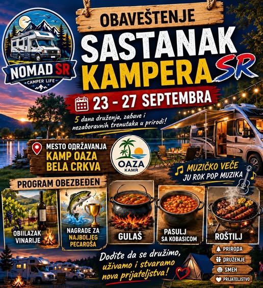 23.-27.9.2026 - kampersko druženje v kampu Oaza, Bela Crkva, Srbija